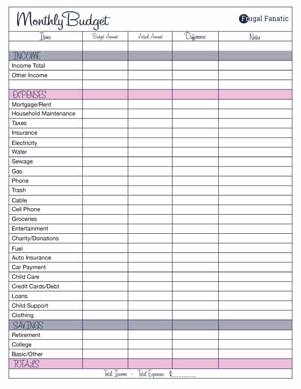 Free Printable Simple budget template PDF Download