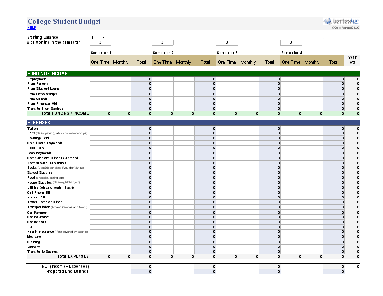 Free College Student Budget Worksheet