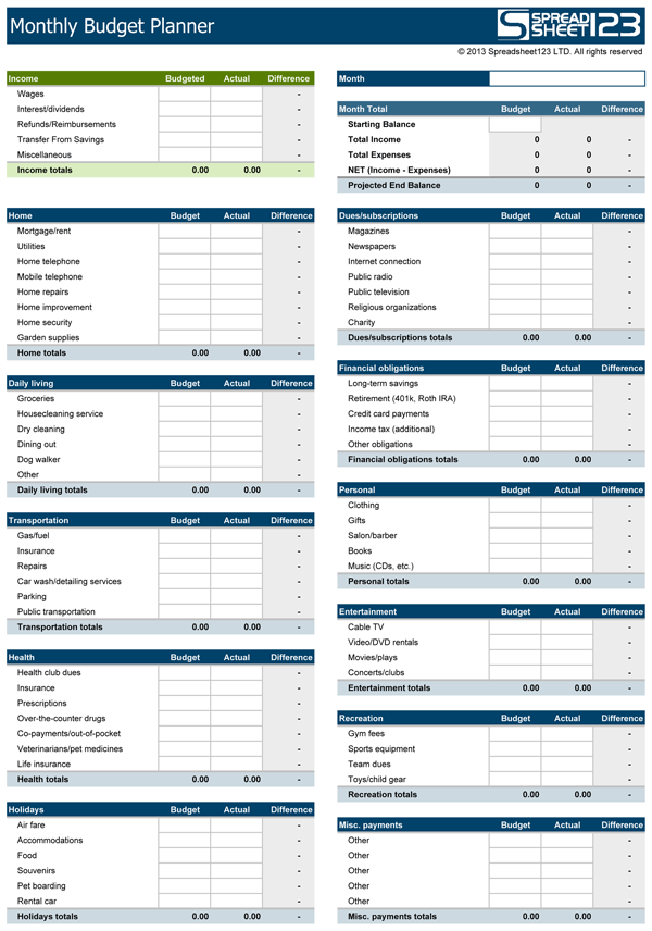 Family Budget Planner for Excel