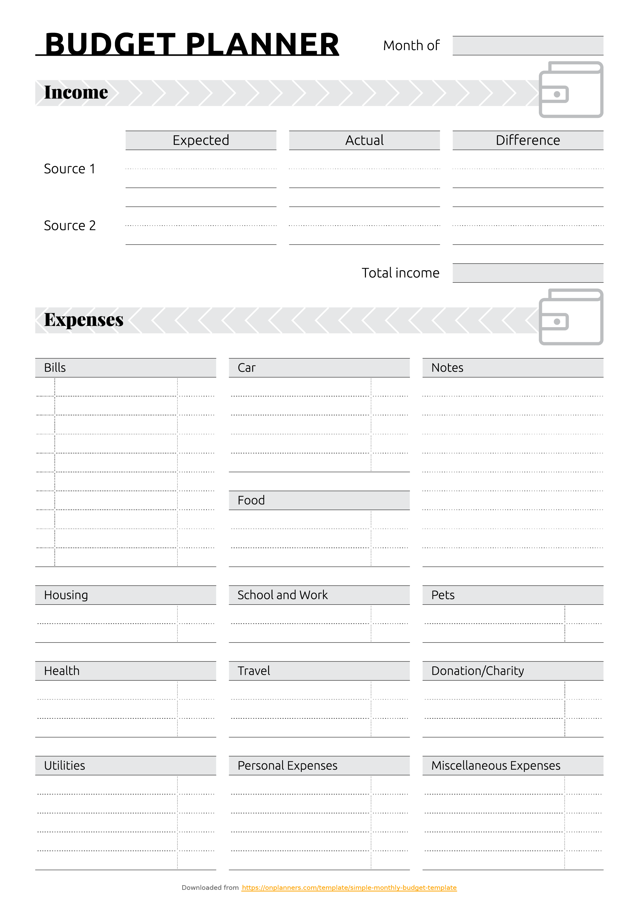 Free Printable Simple monthly budget template PDF Download