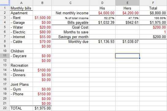 Couple's Financial Worksheet