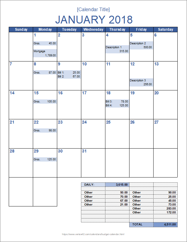 Monthly Budget Calendar Template