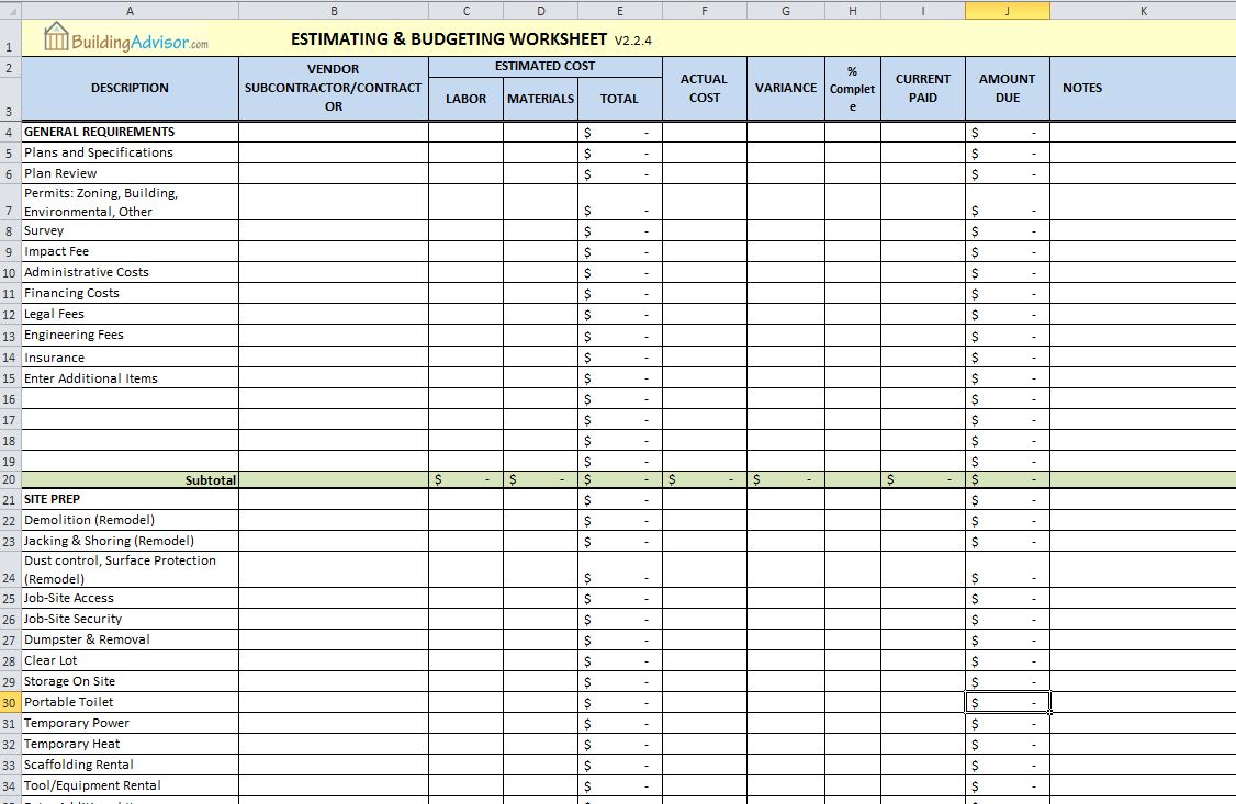 006 Template Ideas Residential Construction Budget Excel 20new 