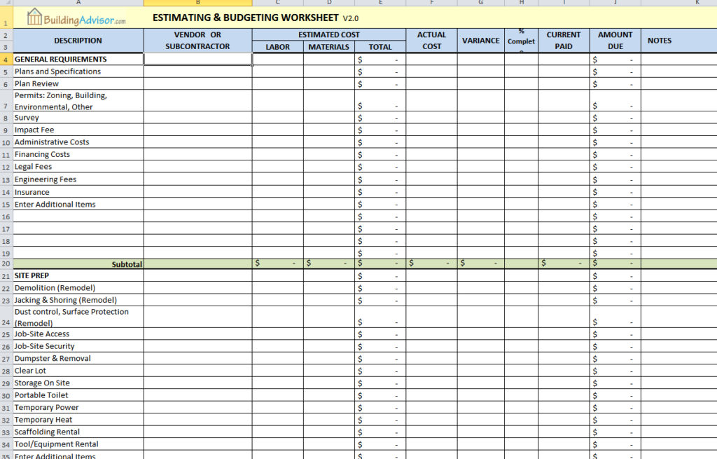 Free Construction Estimating Spreadsheet for Building and 