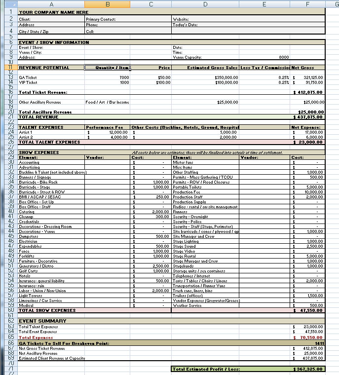 Music Festival Budget Template Template Creator