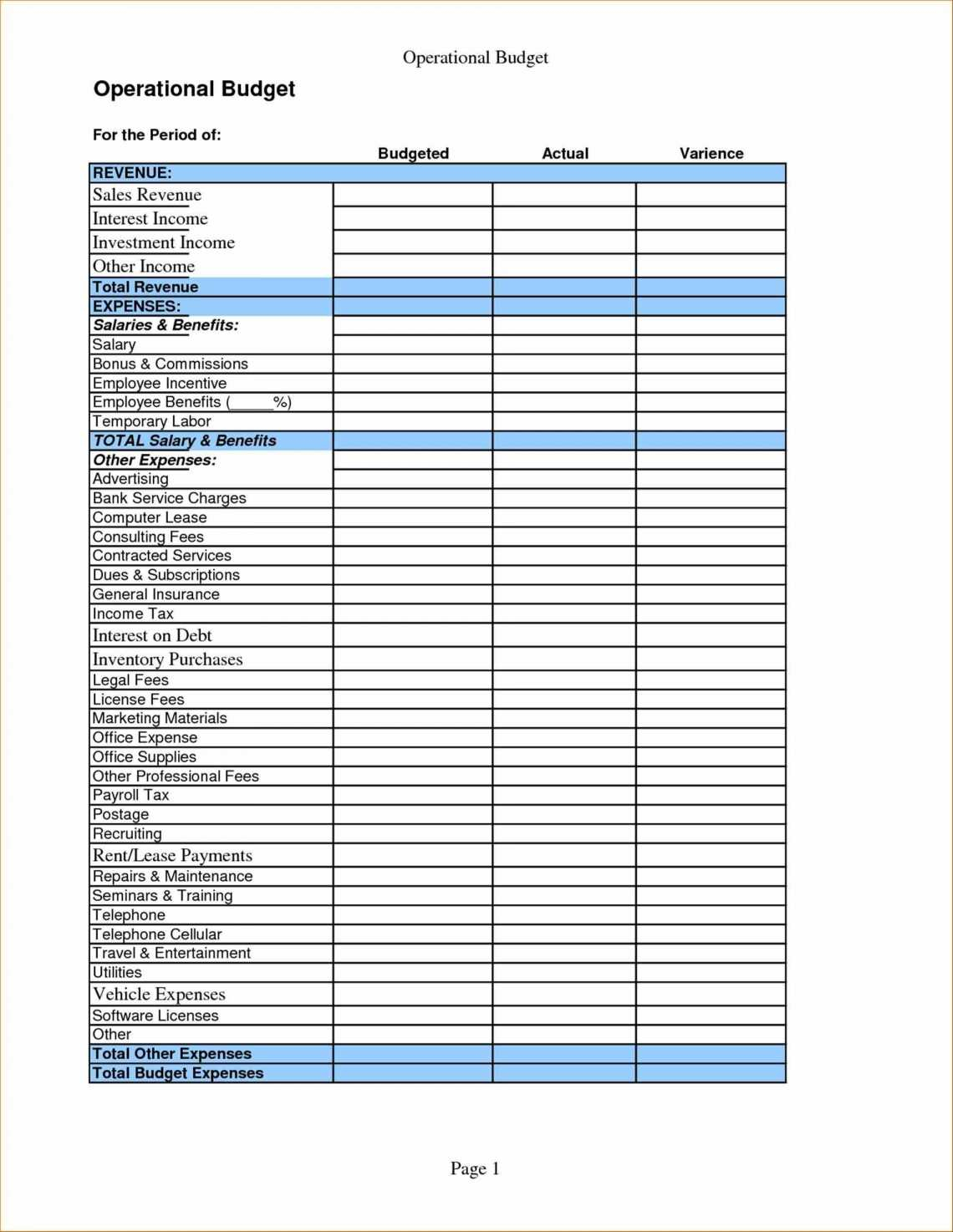 Operational Budget Template • Business Template Ideas