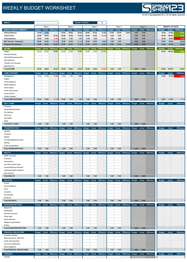 Weekly Budget | Free Budget Spreadsheet for Excel