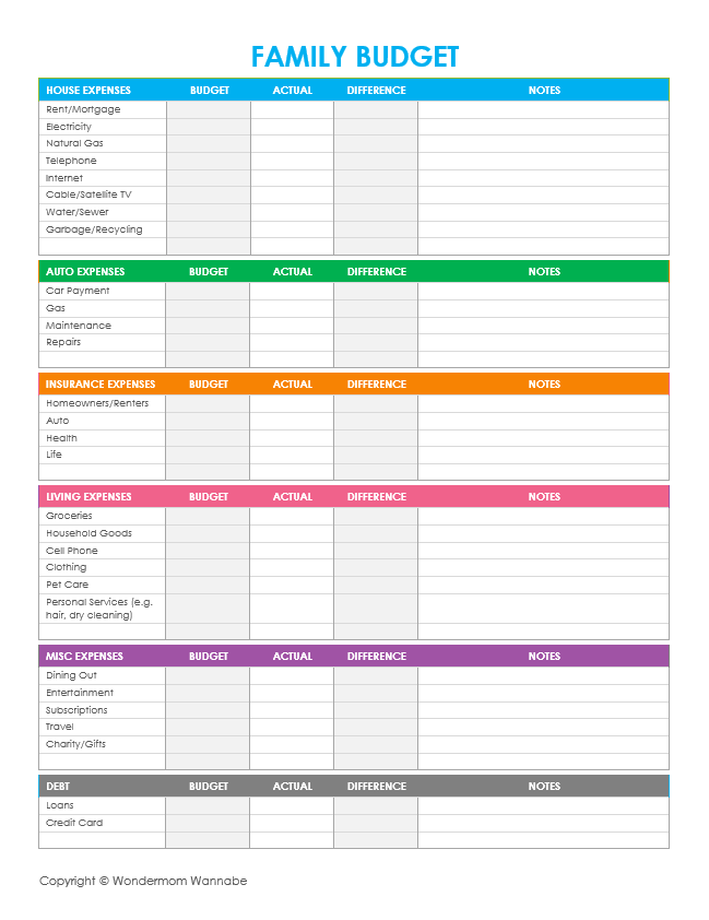 Free printable family budgeting worksheets to set and track 