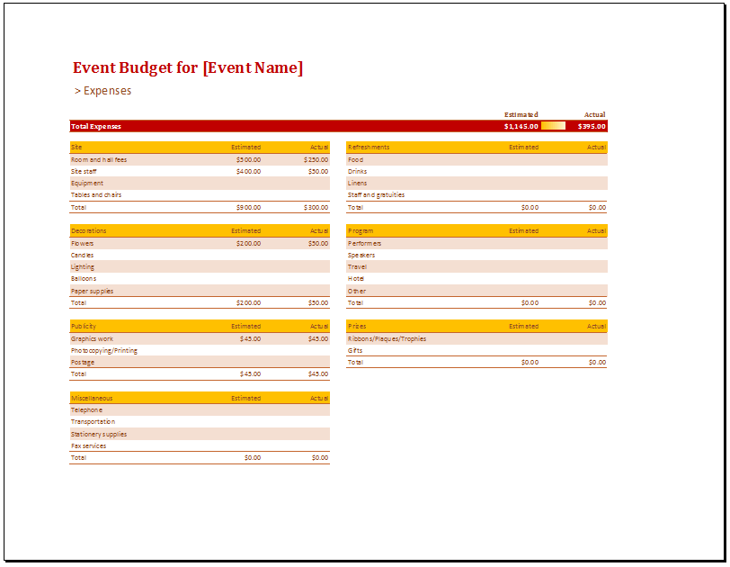 Basic Event Budget Template   Budget Templates