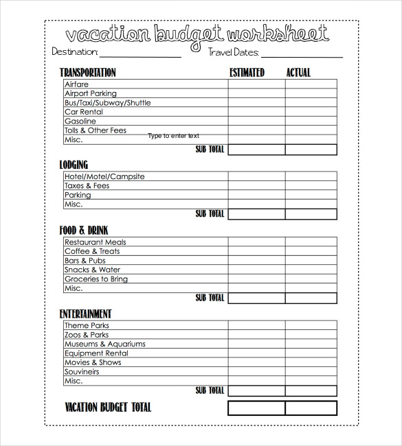 Free vacation budget planner template
