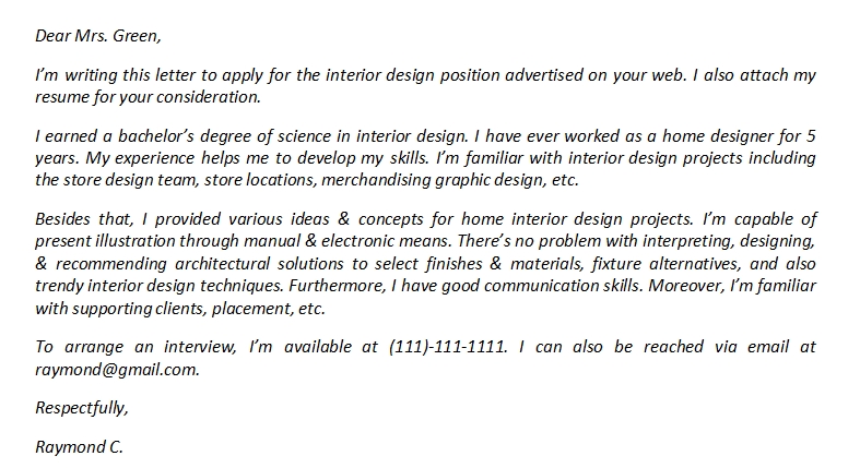 Interior Design Cover Letter And Its Sample Template Creator