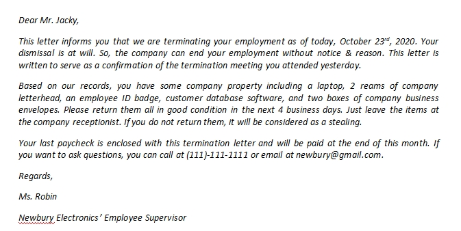 truck driver termination letter sample