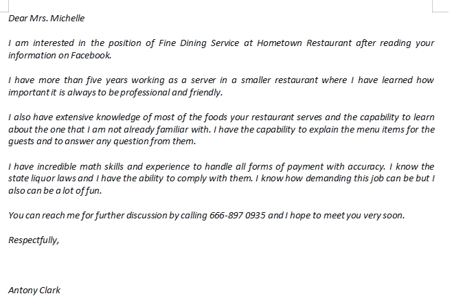 Cover Letter For Dining Room Server
