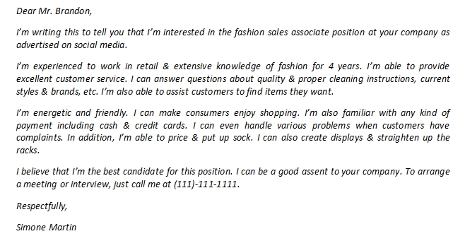 Fashion Sales Associate Cover Letter And Its Sample Template Creator