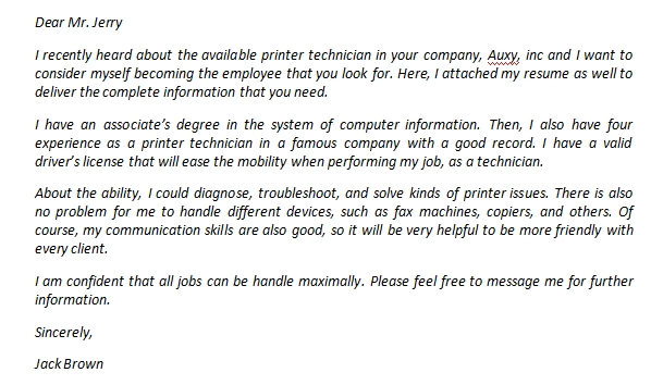 Printer Technician Cover Letter And Its Details To Know Template Creator