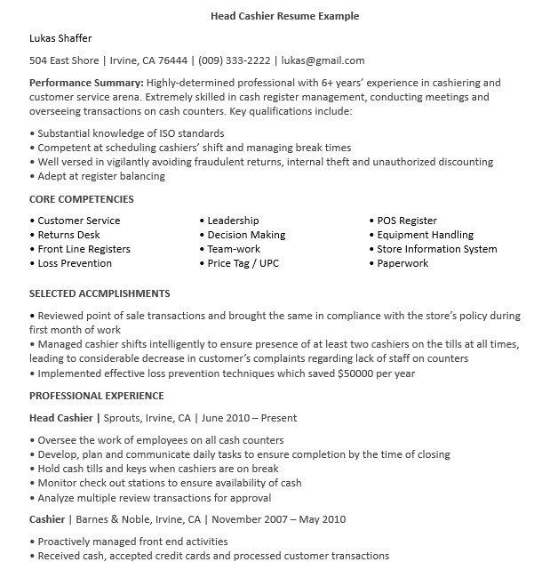 resume headline examples for cashier