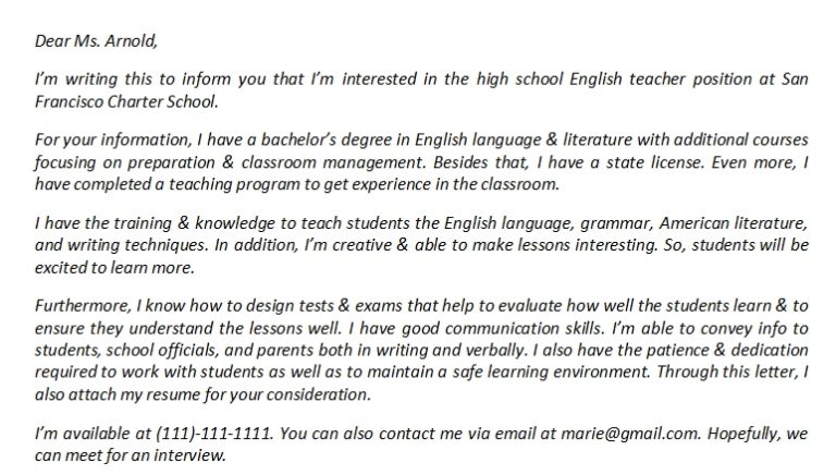 High School English Teacher Cover Letter and Its Sample | Template Creator