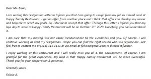 Restaurant Resignation Letter and Its Sample | Template Creator